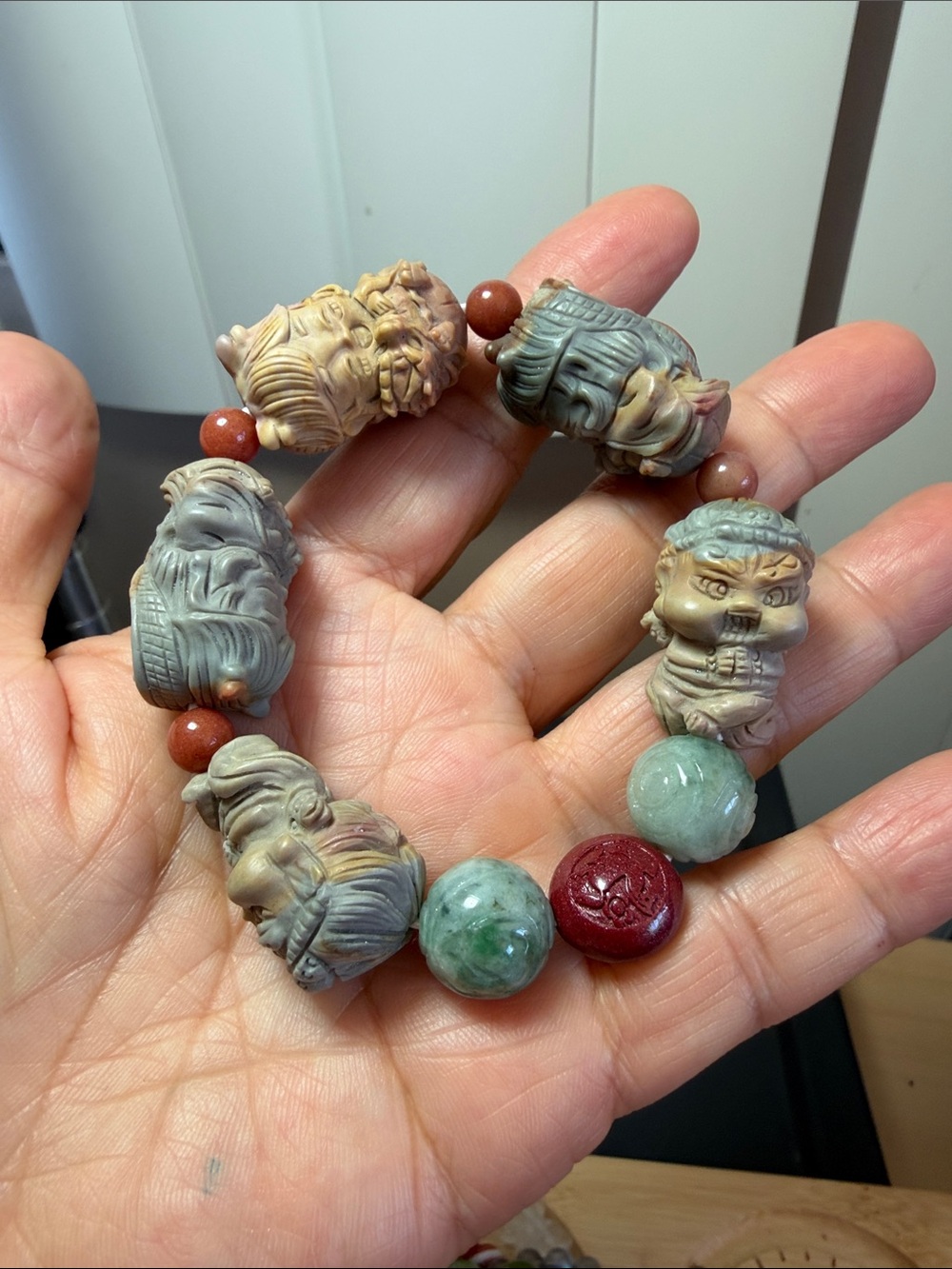 Carved Multicolor Alashan agate Bead Bracelet with cinnabar and real jade